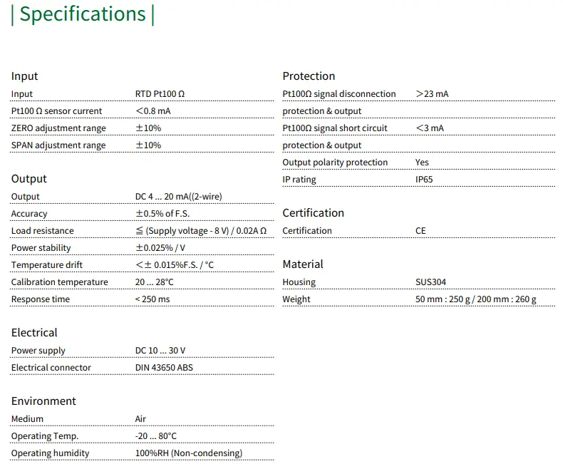 bộ chuyển đổi nhiệt độ Pt100 đầu ra 4-20mA TP04 specification
