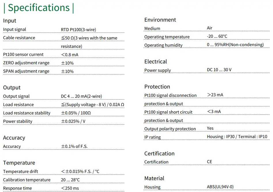 bộ chuyển đổi nhiệt độ Pt100 đầu ra 4-20mA TP02 specification