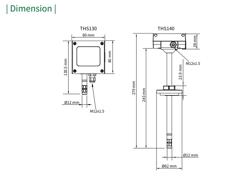 Cảm biến nhiệt độ và độ ẩm THS130 THS140 dimension